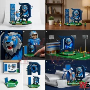 Collage of Detroit Lions brick display showing close ups room setup and lighted scene views!