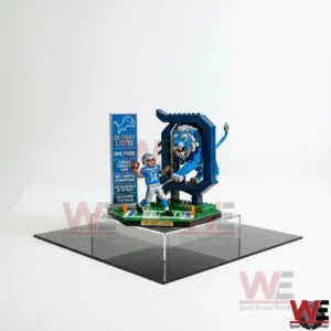 Detroit Lions brick display on a clear stand with a player figure and a roaring lion tunnel frame!