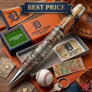 Commemorative Detroit Tigers baseball pen with intricate engravings sitting amongst various team memorabilia and equipment!