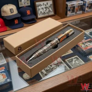 Close up of a sports themed commemorative pen inside a gift box on a glass surface in a memorabilia store!