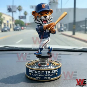 Detroit Tigers mascot bobblehead on a car dashboard with anniversary base!