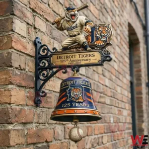 Detroit Tigers themed wall bell with tiger mascot and baseball hanging on brick wall!