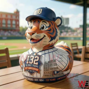 Detroit Tigers anniversary mascot duck collectible by a baseball field!