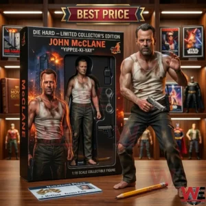 Detailed movie collectible figure of John McClane with accessories and themed packaging on a wooden table!
