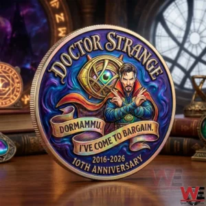 Close up of a colorful Doctor Strange commemorative coin with mystical artwork on a tabletop!