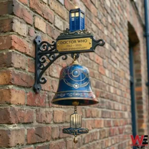 Doctor Who anniversary wall bell with TARDIS mounted on a brick wall.