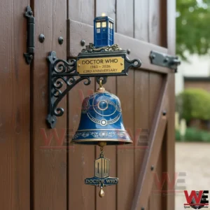 Doctor Who 63rd Anniversary 2026 Wall Bell 5 Doctor Who anniversary wall bell with TARDIS mounted on a wooden gate.