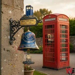 Doctor Who 63rd Anniversary 2026 Wall Bell 6 Doctor Who anniversary wall bell with TARDIS and red telephone booth in background.