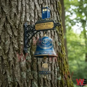 Doctor Who 63rd Anniversary 2026 Wall Bell 7 Doctor Who anniversary wall bell with TARDIS mounted on a tree trunk.
