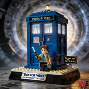 Blue Police Box brick model on a display base with a small figure in front!