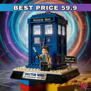 Doctor Who 63rd Anniversary Building Brick 4 Blue Police Box brick model with Best Price banner and a colorful vortex background!