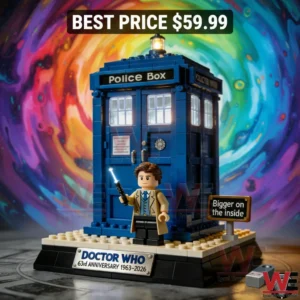Doctor Who 63rd Anniversary Building Brick 5 Blue Police Box brick model with Best Price 59 99 banner and a swirling color portal background!