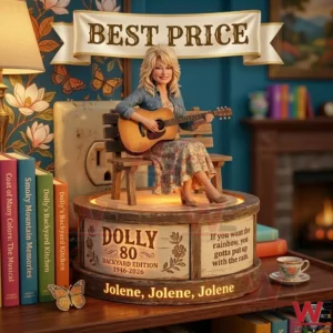 Dolly 80th Anniversary Glow Companion Lamp 5 Dolly Parton figurine sitting on a bench playing guitar on a wooden base! The base has the name Dolly 80 and a famous quote! There is a floral background and a row of books on the side!