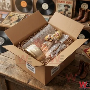 Dolly 80th Anniversary Glow Companion Lamp 6 A cardboard box labeled fragile opened to reveal a Dolly Parton figure and its base! The items are cushioned with bubble wrap and shredded paper! The box is sitting on a weathered wooden workbench!