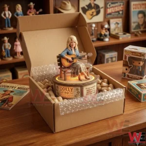 Dolly 80th Anniversary Glow Companion Lamp 7 Dolly Parton sitting figurine on a wooden base inside a shipping box with packing peanuts! The background shows a collection of music related items and boxed toys on shelves!