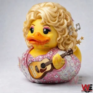 Yellow duck figure dressed like a country singer holding a small guitar!