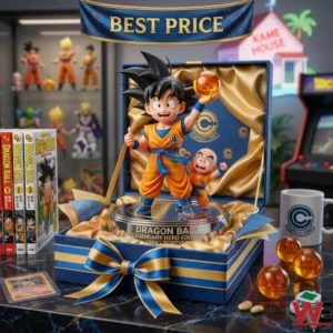 A figurine of Goku holding a dragon ball and Krillin standing next to him in a blue gift box! The box is lined with gold satin! Around the box are manga books three dragon balls and a white mug on a dark table! A banner with gold letters is visible above the box!