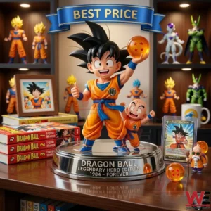 Dragon Ball Goku and Krillin Figure Doll 5 Goku and Krillin anime figures on a silver stand placed on a wooden desk! To the left are three manga books and a framed picture! To the right is a trading card and small character figures! A shelf with more toys is in the background!