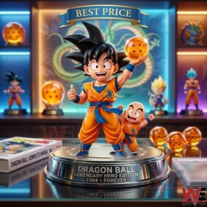 Dragon Ball Goku and Krillin Figure Doll 6 Young Goku and Krillin figures on a silver base in a room with blue neon lighting! A dragon graphic is on the wall behind them! There are glowing orange balls and a manga book on the table!