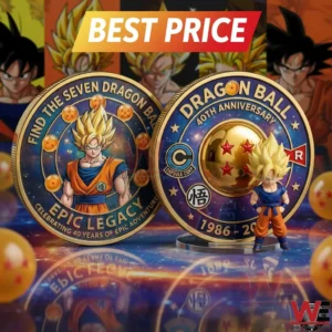 Two dragon ball themed anniversary coins with a best price banner!