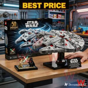 Star Wars Millennium Falcon brick display set on a table with box and mini figures!