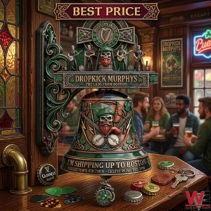A detailed view of the Dropkick Murphys wall bell with band figures in an Irish pub.
