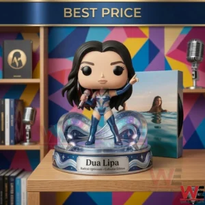 A vinyl figure of a female singer with long dark hair in a blue outfit holding a microphone! It stands on a light up base in front of a colorful wall! Books and a vintage microphone are on the side!