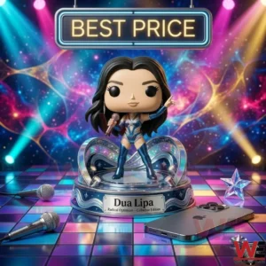 Dua Lipa Radical Optimism Pop Figure Doll 5 A stylized figure of a female pop star on a glowing checkered dance floor with stage lights! A smartphone and microphones are on the floor! A neon sign hangs above!