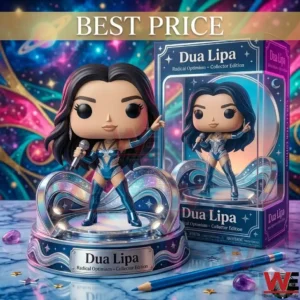 Dua Lipa Radical Optimism Pop Figure Doll 6 A female singer figurine standing next to its retail box on a marble table! The background is a colorful galaxy! There are crystals and a blue pencil on the table!