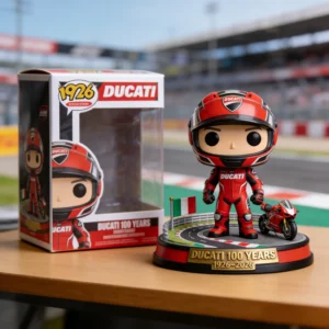 Ducati anniversary collectible figure with box on a racing themed display base!