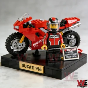 Red brick Ducati 916 motorcycle model with rider figure on a black display stand!