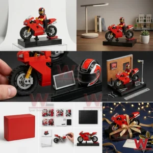 Collage of a red brick Ducati motorcycle set showing build parts and finished display views!