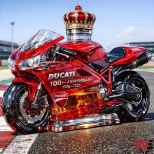 Transparent red Ducati motorcycle bottle with a gold and red crown topper and 100th anniversary text on a racetrack.