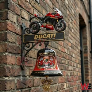 Ducati themed wall bell with a red sport bike figure mounted on a brick wall!