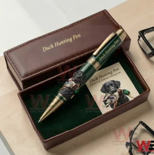Green and gold pen in a brown case with dog and duck artwork!
