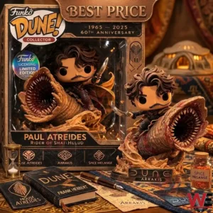 A collector vinyl figure of Paul Atreides riding a sandworm from Dune on a desk with movie props!