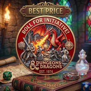 Dungeons and Dragons coin with a red dragon and adventurers in a fantasy setting!