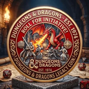 Dungeons and Dragons Roll for Initiative Coin 3 Round Dungeons and Dragons legacy coin with a red dragon and adventurers on display!
