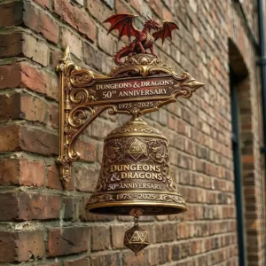 Ornate fantasy wall bell with dragon mounted on a brick wall!