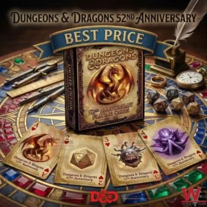 Dungeons and Dragons anniversary playing cards with fantasy dice and gold accessories!