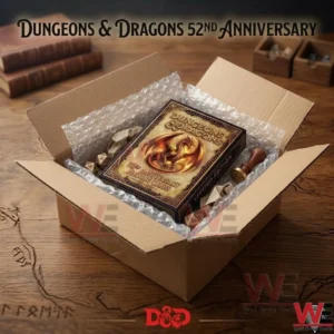 Dungeons & Dragons 52nd Anniversary Limited Edition Playing Cards 3 Anniversary card deck inside a cardboard shipping box with bubble wrap and fantasy accessories!