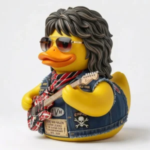 Yellow rock style duck figure holding an electric guitar!