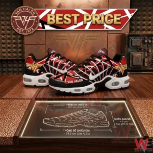 Custom Van Halen sneakers on a display table with technical size information!