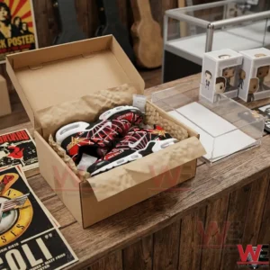 The red and black striped sneakers are nestled in light brown crumpled packing paper inside a cardboard box! The box is sitting on a rustic wooden counter! In the background there are various music related items including band posters a guitar case and a glass display case with small collectible figures! A silica gel packet is visible inside the box for moisture protection!