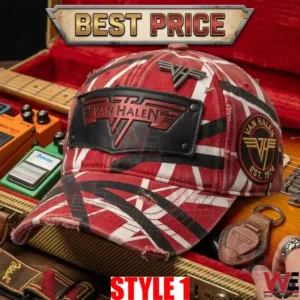 Distressed red Van Halen Frankenstein striped baseball cap with music accessories!