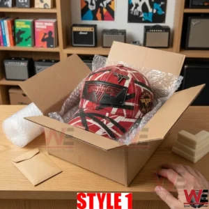 An open shipping box containing the red Van Halen striped cap!