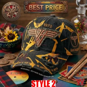 Black and yellow Van Halen baseball cap with 1984 vinyl and drumsticks!