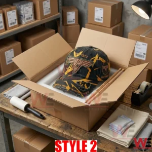 The black and yellow Van Halen cap being packed in a warehouse!