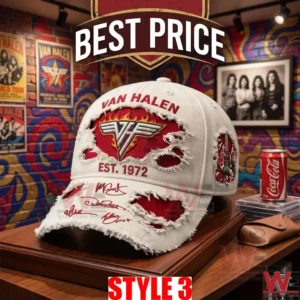 Cream Van Halen cap with red patches and band signatures!