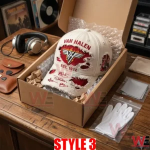 Cream Van Halen cap in a shipping box with white gloves and headphones!